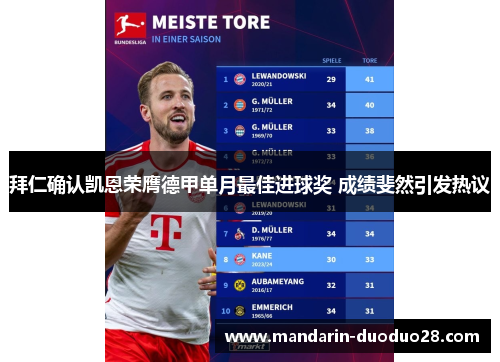 拜仁确认凯恩荣膺德甲单月最佳进球奖 成绩斐然引发热议