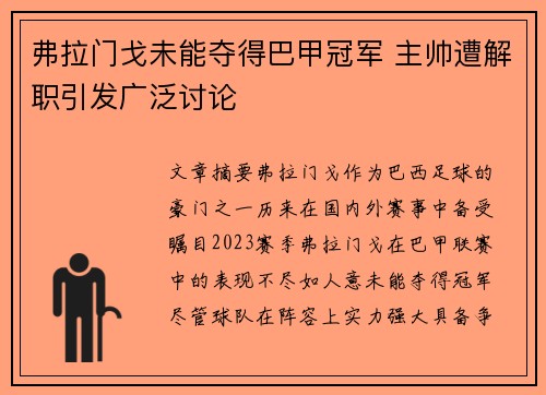 弗拉门戈未能夺得巴甲冠军 主帅遭解职引发广泛讨论